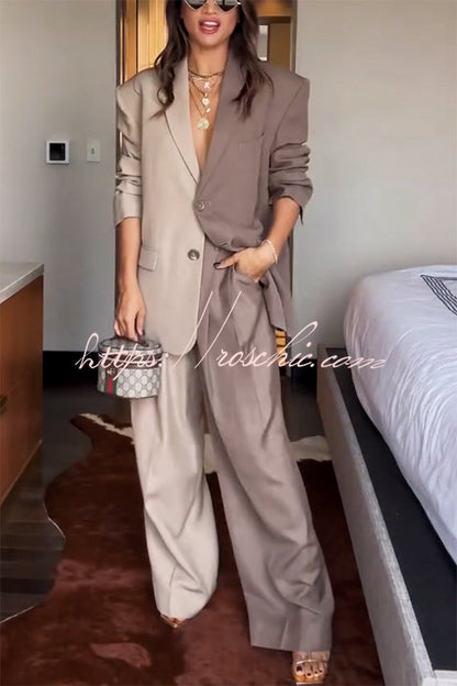 Girl Boss Avant-garde Contrast Colors Lapel Boyfriend Blazer and Pocketed Wide Leg Pants Set