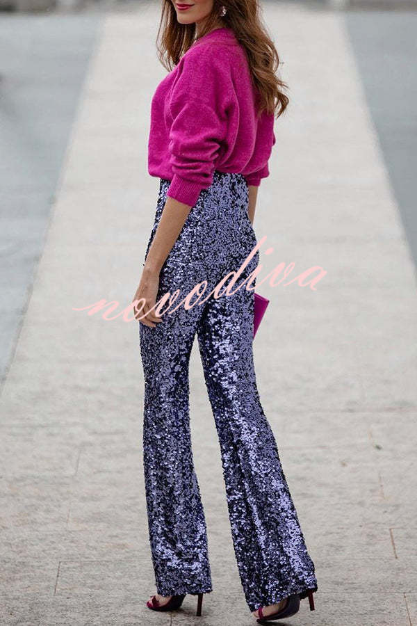 Diva Sequin High Rise Elastic Waist Flare Pants